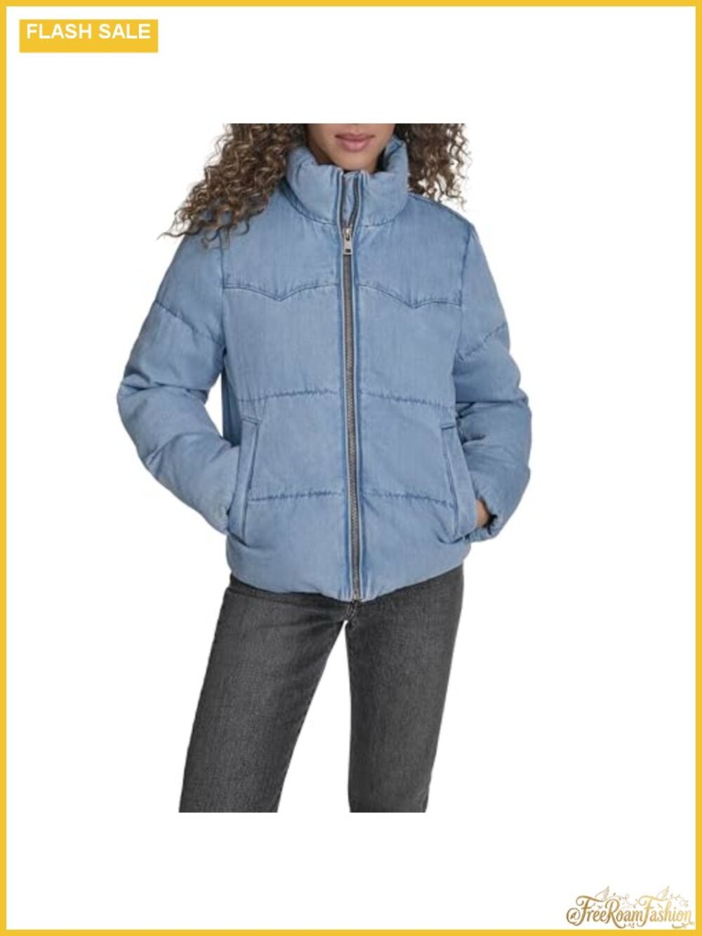 Quilted Western Denim Puffer Jacket Long Sleeve Full Zip Cold Weather